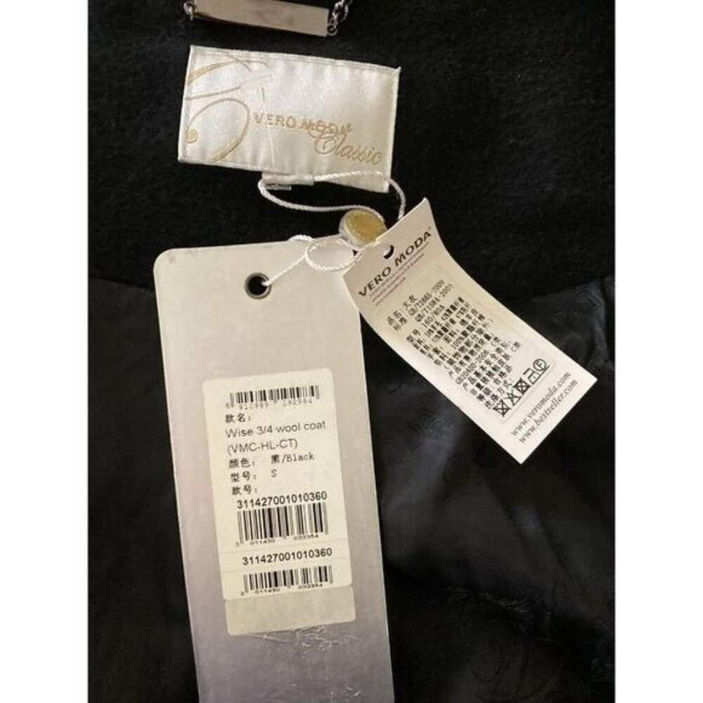 VERO MODA Classic Black Wool Coat Retro Double-Breasted Size S-M New w tags - Picture 7 of 8